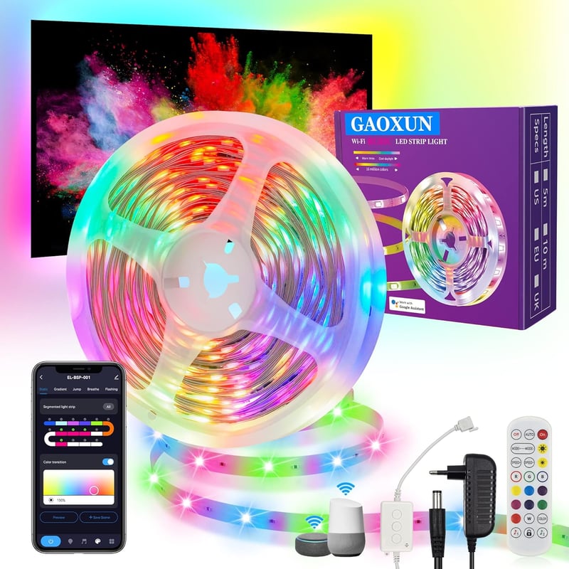 Gaoxun RGBIC LED Szalag 10m WiFi Okos Színváltós Fénycsík App Vezérlés Zene Szinkron Alexa Google Kompatibilis Dekoráció Gaming