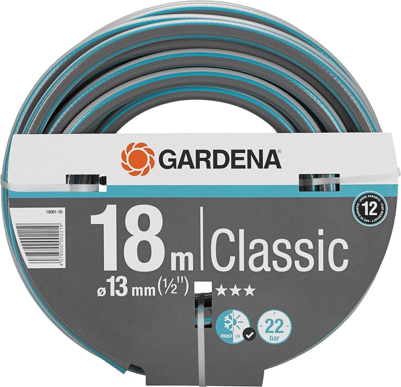 Furtun de grădină Gardena Classic 13 mm (1/2 tol) 18 m, rezistent la UV, rezistent la presiune de 22 bari, inserție textilă, gri, fără accesorii de sistem (18001-20)