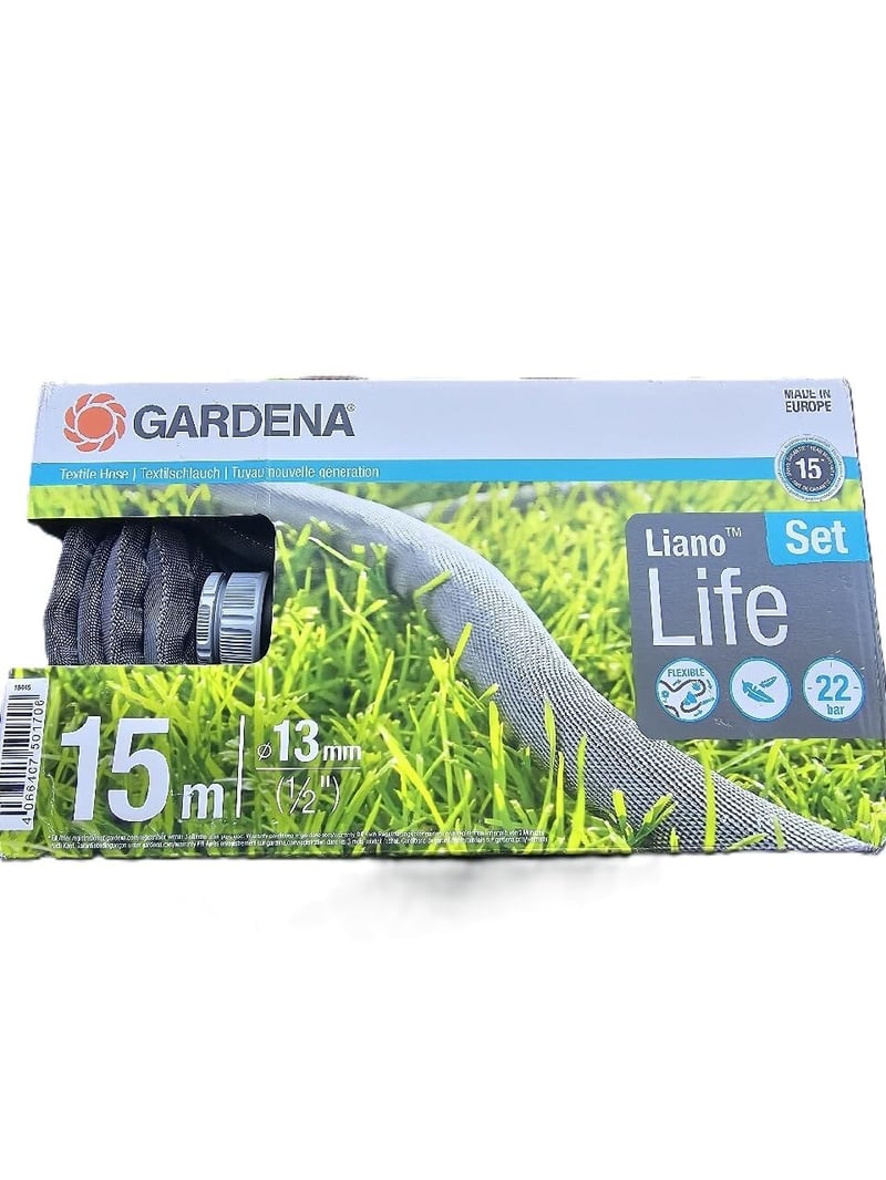 Set furtun de grădină textil Gardena Liano Life 18445-20, 1/2 inch, 15 m, cu interior din PVC flexibil, rezistent la intemperii