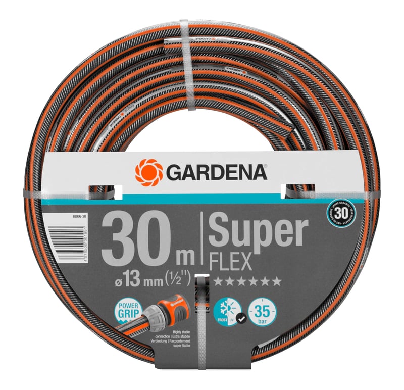 Záhradná hadica Gardena Premium SuperFLEX 13 mm (1/2"), 30 m, čierna, profil Power-Grip, 35 barov, odolná voči UV žiareniu, flexibilná (18096-20)