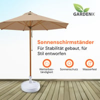 GARDENIX Podstavec pod slnečník, okrúhly, hnedý, plastový s ratanovým vzhľadom, plniteľný pieskom, vodou alebo štrkom, 10 litrov, do záhrady, na terasu, na pláž, stojan na slnečník 5