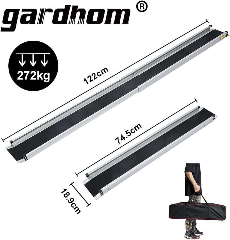 gardhom Teleszkópos Kerekesszék Rámpa 74,5-122 cm - Állítható Alumínium Csúszásgátló Felülettel, 272 kg Teherbírással Lépcsőkhöz, Tárolótásk