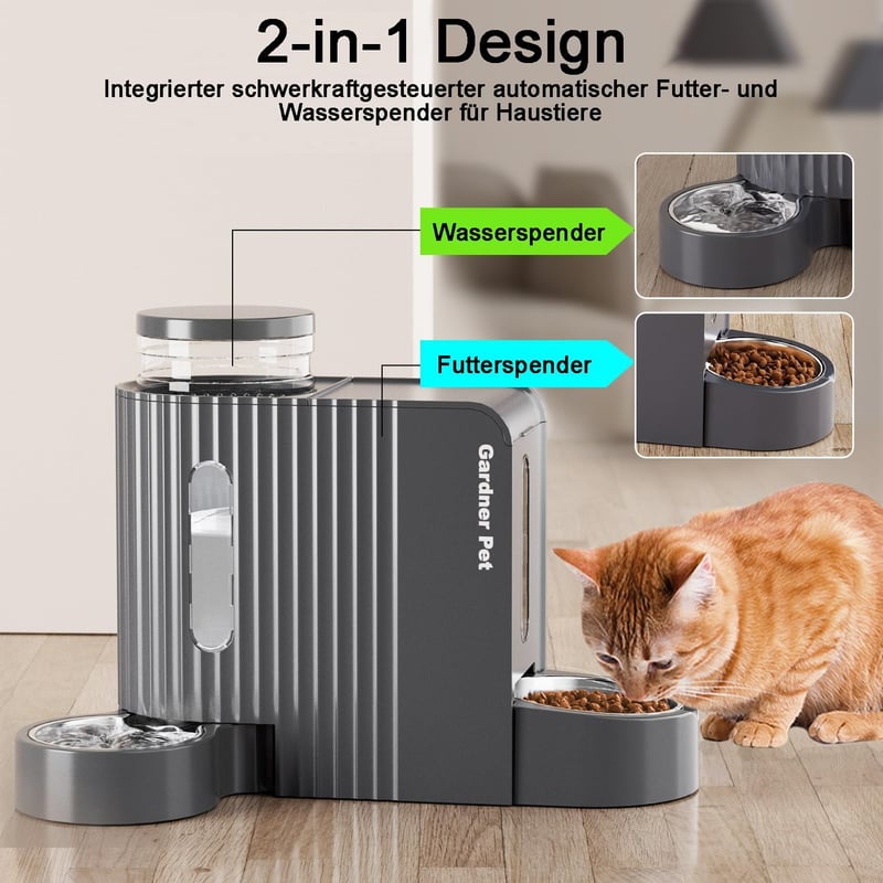Gardner Pet Automata Etető Macskáknak és Kutyáknak, 2x6L Tál, Vízadagoló, Rozsdamentes Acél, Áramellátás Nélkül