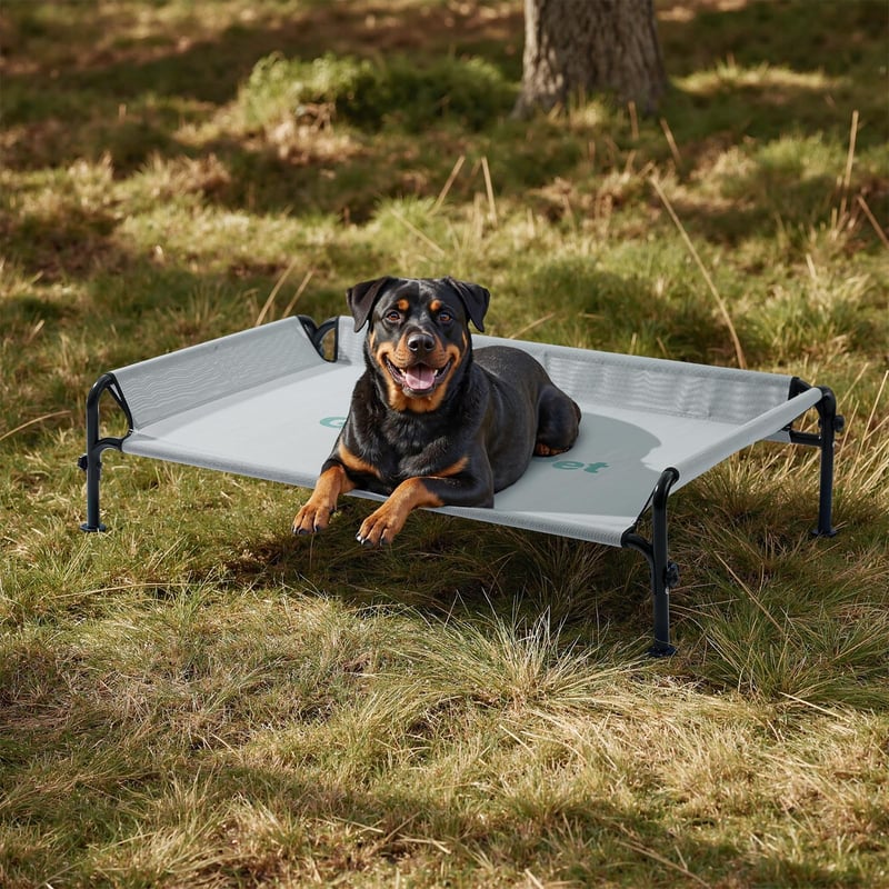 Gardner Pet vyvýšená posteľ pre psov na vonkajšie použitie, sivá, veľkosť L (124x77x31 cm), s trojstrannou zábranou a prateľnou priedušnou sieťovinou