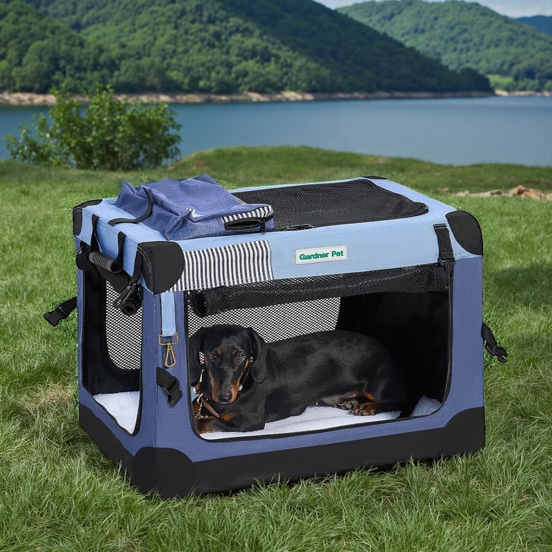 Gardner Pet Összecsukható kutyaszállító box 66 x 48 x 48 cm kék hordfüllel takaróval tárolózsákkal macskáknak és kutyáknak 15 kg-ig