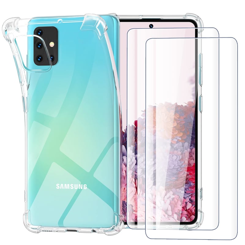 Priehľadný kryt Garegce na Samsung Galaxy A51 s 2 ks tvrdeného skla, TPU silikónové nárazuvzdorné ochranné puzdro, 6,5 palca, priehľadný kryt s rámčekom