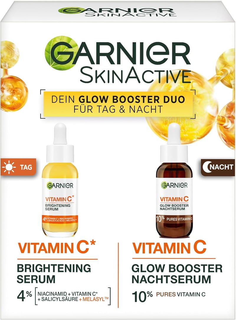 Garnier SkinActive Vitamin C Glow Booster Szérum Duó Nappalra és Éjszakára Sötét Foltok Ellen Vegán Formula 2 x 30 ml