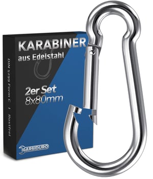 GARSIDURO Karabína z nehrdzavejúcej ocele 2 ks - 8x80 mm norma DIN 5299, požiarna karabína s poistkou, na kľúčenku a vôdzku pre psa