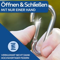 GARSIDURO Karabína z nehrdzavejúcej ocele 2 ks - 8x80 mm norma DIN 5299, požiarna karabína s poistkou, na kľúčenku a vôdzku pre psa 5