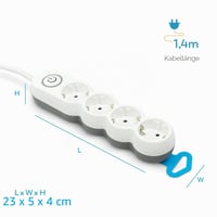 Rozvodka Garza so 4 zásuvkami, vypínačom, plochou zástrčkou, detskou poistkou, 1,4 m káblom, biela, Gama Design 3