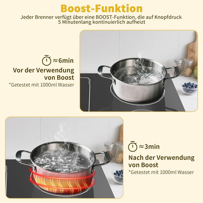 GASLAND 60 cm-es Indukciós Főzőlap 4 Zónával, Flex Zóna, Boost Funkció, 9 Fokozat, Biztonsági Zár