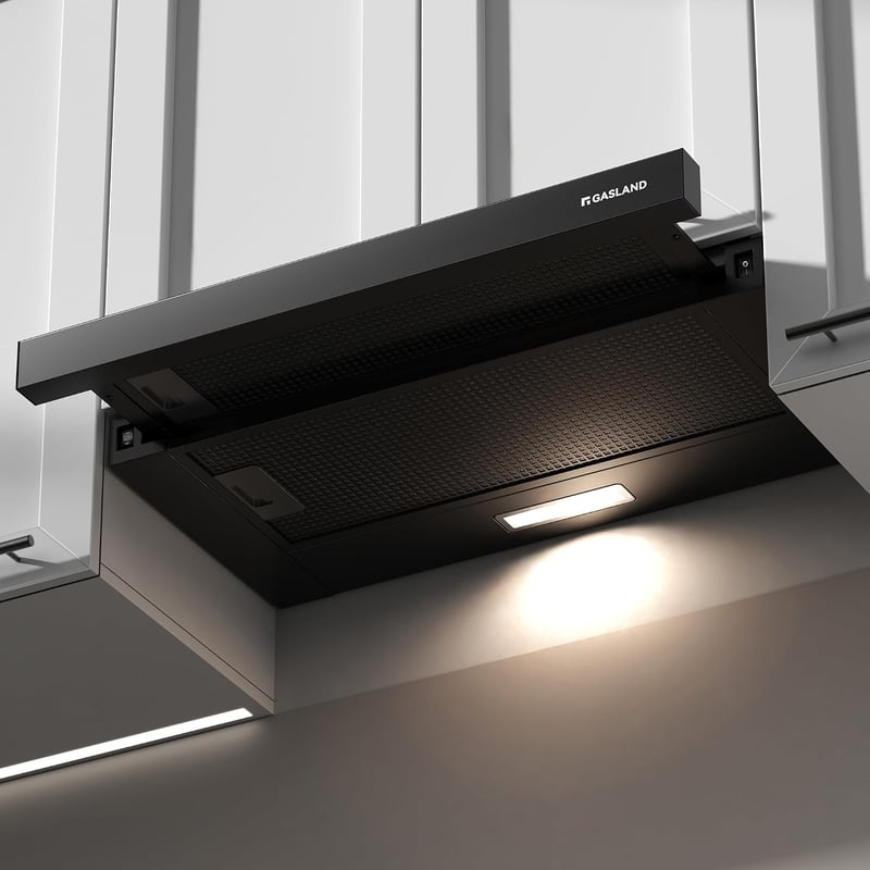 Hotă plată GASLAND BR60BP 60 cm negru, capacitate 335 m³/h, cu recirculare sau evacuare, incluzând filtru de carbon activ CF132