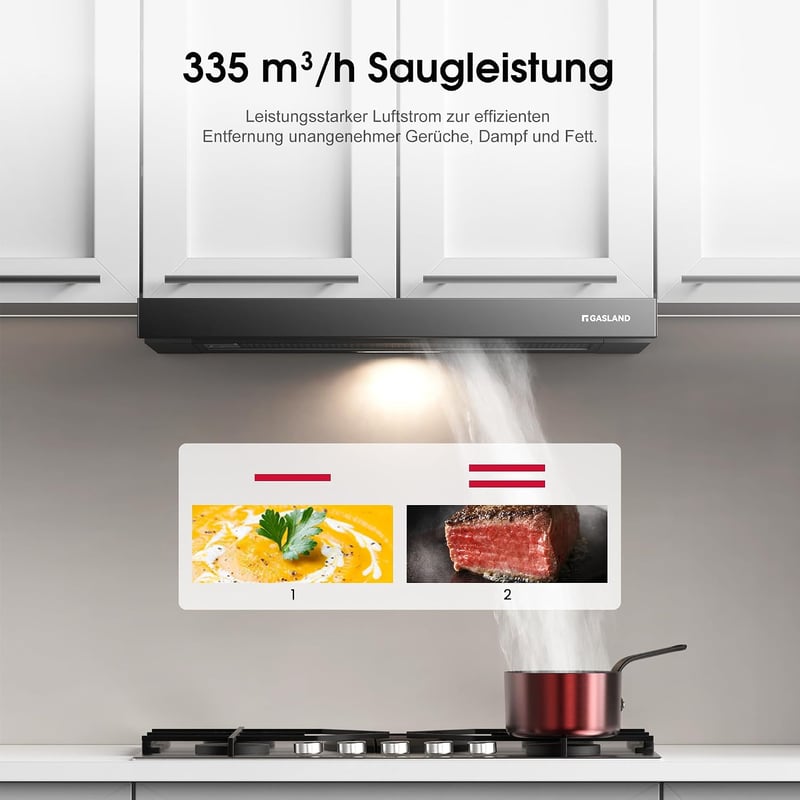 Hotă plată GASLAND BR60BP 60 cm negru, capacitate 335 m³/h, cu recirculare sau evacuare, incluzând filtru de carbon activ CF132