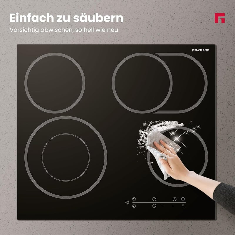 GASLAND CH604BF 60 cm Beépíthető Elektromos Kerámia Főzőlap 4 Főzőzónával, Többkörös Sütőzónával, Gyermekzárral, 6600W Teljesítménnyel