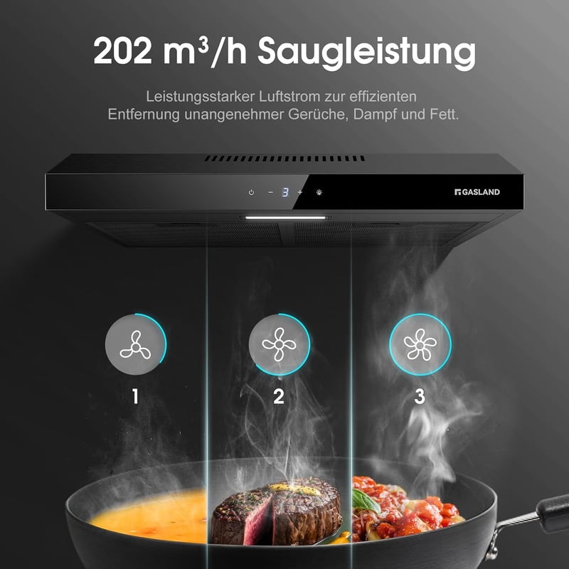GASLAND Chef SR60BS 60 cm Páraelszívó Fekete Acél, 202 m³/h, 3 Fokozat, Szűrővel