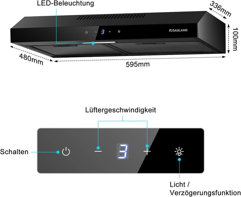 GASLAND Chef SR60BS 60 cm Páraelszívó Fekete Acél, 202 m³/h, 3 Fokozat, Szűrővel
