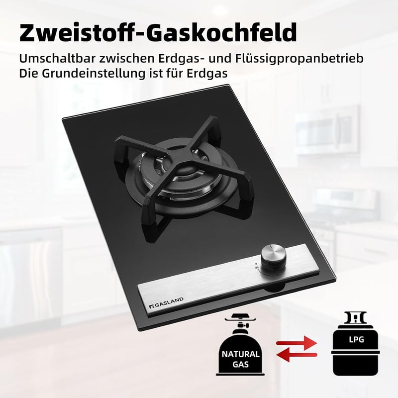 GASLAND GH12BF 30 cm-es beépíthető gázfőzőlap wok égővel, 3400 W, LPG/földgáz