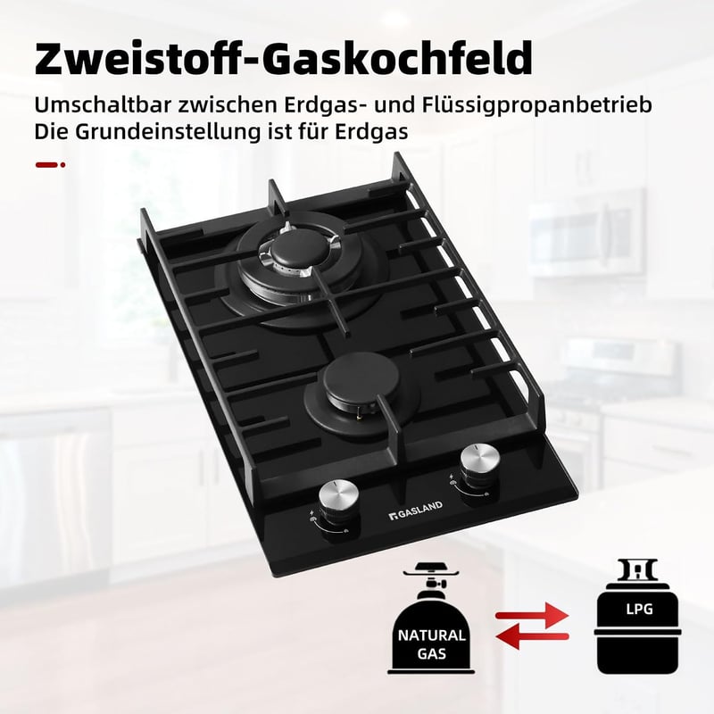 GASLAND GH2302BG1FC 2 égős beépíthető fekete üveg gázfőző wok égővel 30 cm 5200 W LPG természetes gázhoz