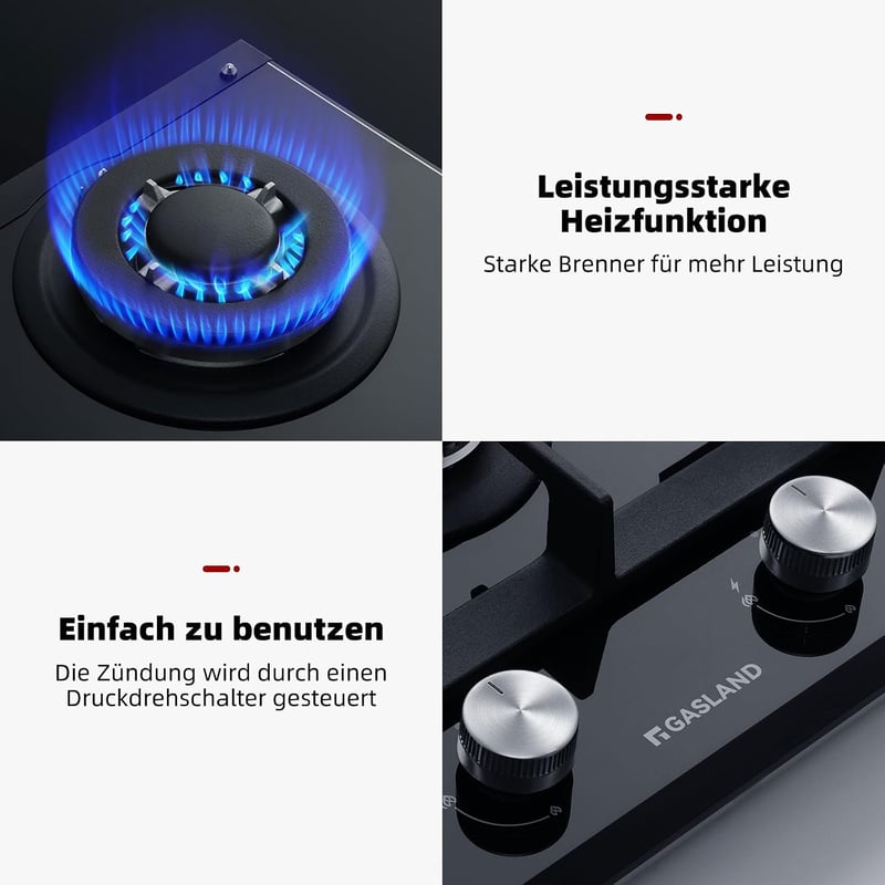 GASLAND GH2302BG1FC 2 égős beépíthető fekete üveg gázfőző wok égővel 30 cm 5200 W LPG természetes gázhoz