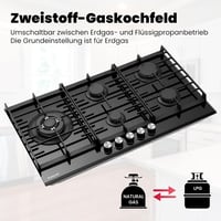 GASLAND GH2905BG1FC Beépíthető Gázfőzőlap 5 Égővel, Wok Égővel, 87 cm Fekete Üveg, 10400W, LPG/Földgáz Kompatibilis, Öngyújtós 4