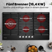 GASLAND GH2905BG1FC Beépíthető Gázfőzőlap 5 Égővel, Wok Égővel, 87 cm Fekete Üveg, 10400W, LPG/Földgáz Kompatibilis, Öngyújtós 2