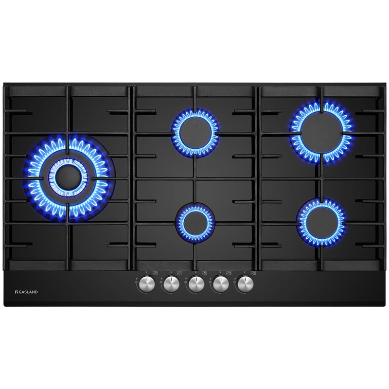 GASLAND GH2905BG1FC Ugradbena plinska ploča za kuhanje s 5 plamenika, Wok plamenikom, 87 cm Crno staklo, 10400W, kompatibilna s UNP/prirodnim plinom, s upaljačem
