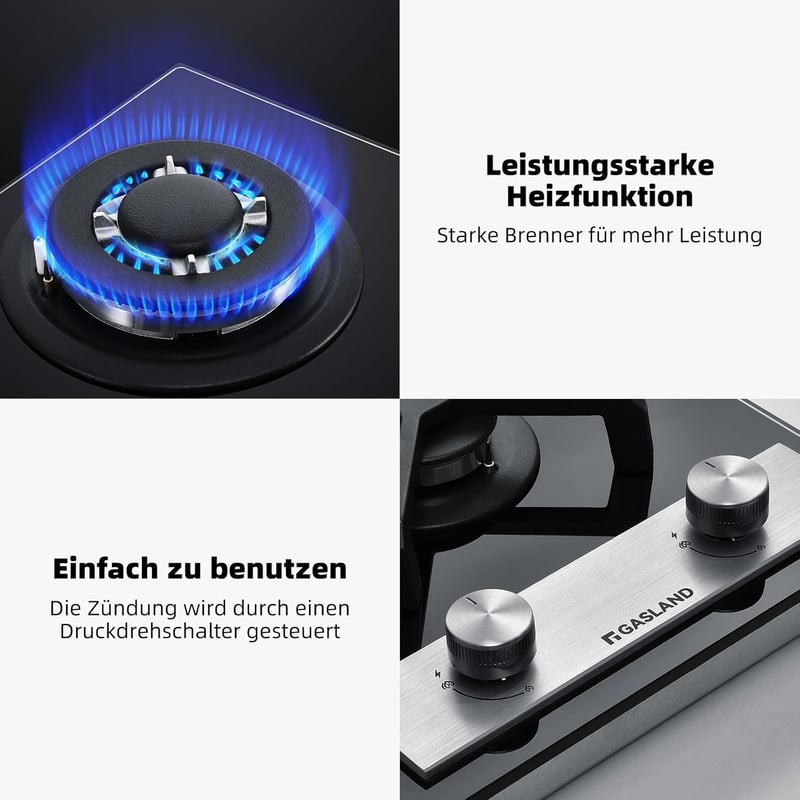 GASLAND GH30BF Beépíthető Gáz Főzőlap 2 Égővel - 30 cm Fekete Üveg Felület, Wok Égővel, 5200W, LPG/Földgáz Kompatibilis, Lángvédelemmel