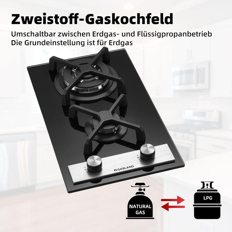 GASLAND GH30BF Beépíthető Gáz Főzőlap 2 Égővel - 30 cm Fekete Üveg Felület, Wok Égővel, 5200W, LPG/Földgáz Kompatibilis, Lángvédelemmel