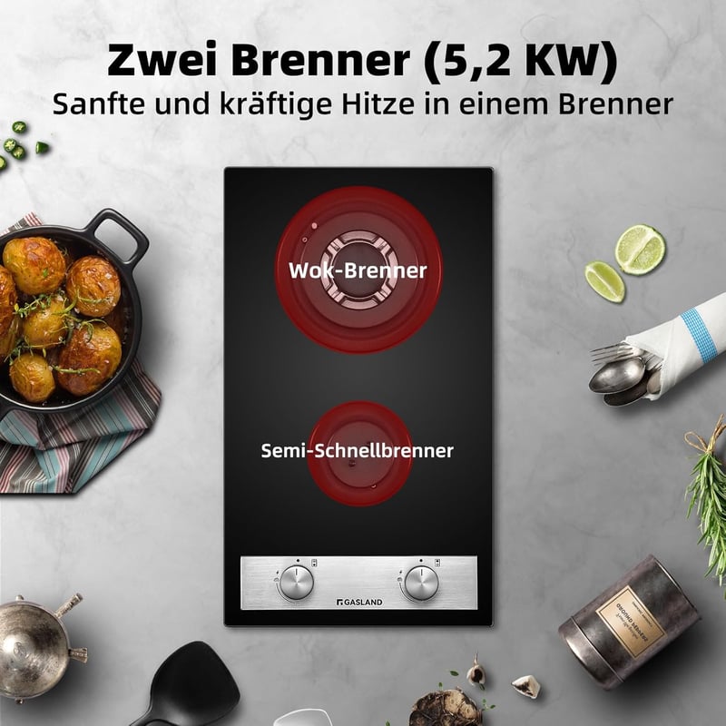GASLAND GH30BF Beépíthető Gáz Főzőlap 2 Égővel - 30 cm Fekete Üveg Felület, Wok Égővel, 5200W, LPG/Földgáz Kompatibilis, Lángvédelemmel