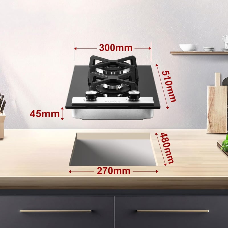 GASLAND GH30BF Beépíthető Gáz Főzőlap 2 Égővel - 30 cm Fekete Üveg Felület, Wok Égővel, 5200W, LPG/Földgáz Kompatibilis, Lángvédelemmel