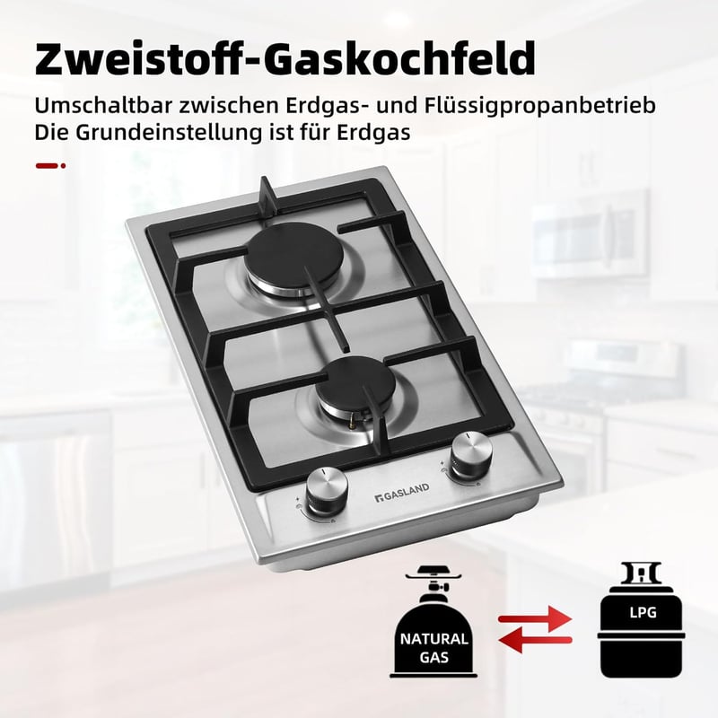 GASLAND GH30SF Beépíthető Gázfőzőlap 2 égővel Rozsdamentes Acél 30cm