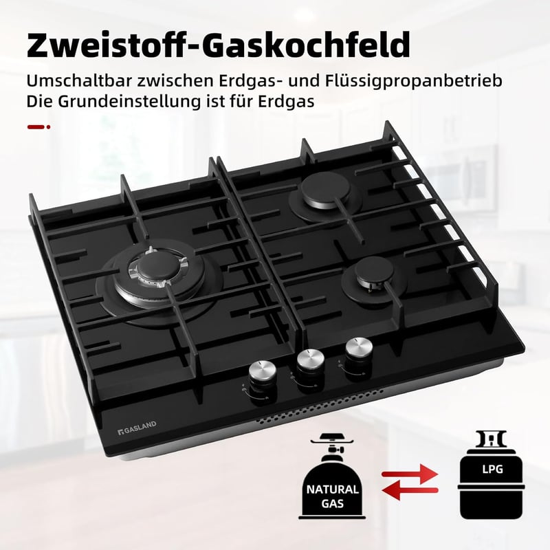 GASLAND GH603BF Gázfőzőlap Wok Égővel, 3 Égős Beépíthető Gáztűzhely, 60 cm Fekete Üveg, 6200W LPG/Földgáz