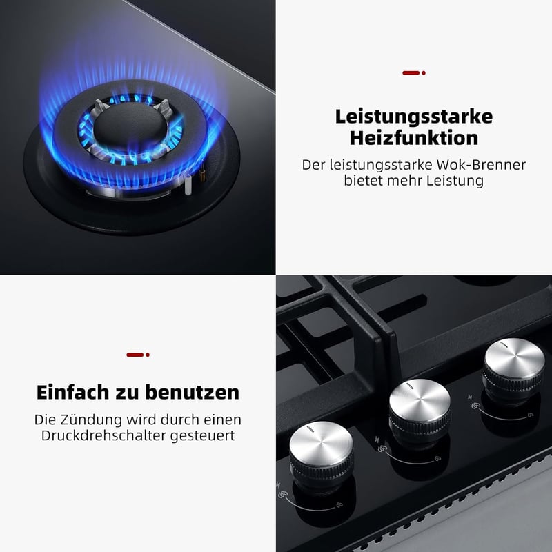 GASLAND GH603BF Gázfőzőlap Wok Égővel, 3 Égős Beépíthető Gáztűzhely, 60 cm Fekete Üveg, 6200W LPG/Földgáz