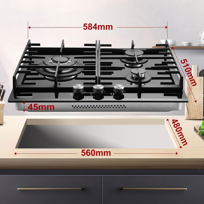 GASLAND GH603BF Gázfőzőlap Wok Égővel, 3 Égős Beépíthető Gáztűzhely, 60 cm Fekete Üveg, 6200W LPG/Földgáz