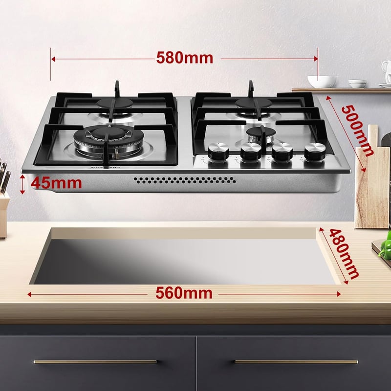 GASLAND GH60SF Beépíthető Gázfőzőlap - Rozsdamentes Acél, 4 Égőfejes, 8000W, Lángkioltás Védelemmel, PB/Földgáz Kompatibilis