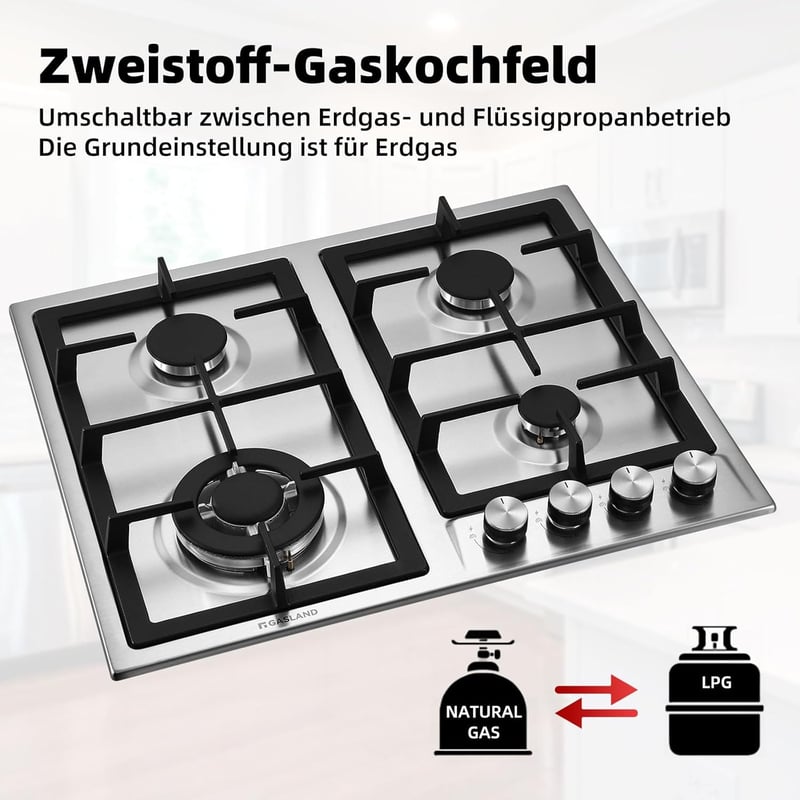 GASLAND GH60SF Beépíthető Gázfőzőlap - Rozsdamentes Acél, 4 Égőfejes, 8000W, Lángkioltás Védelemmel, PB/Földgáz Kompatibilis