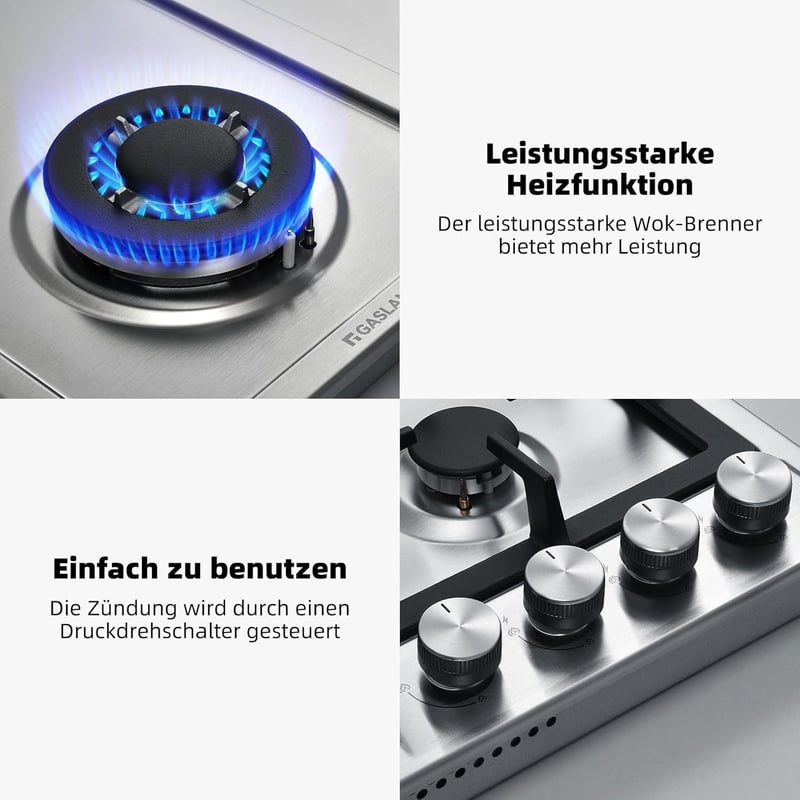 GASLAND GH60SF Beépíthető Gázfőzőlap - Rozsdamentes Acél, 4 Égőfejes, 8000W, Lángkioltás Védelemmel, PB/Földgáz Kompatibilis