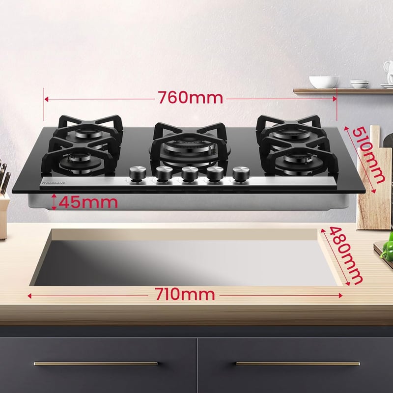 GASLAND GH6805BG1FC 5 égős beépíthető gázfőzőlap wok égővel, 76 cm fekete üveg, 10400W