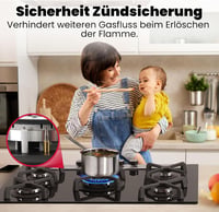 GASLAND GH6805BG1FC 5 égős beépíthető gázfőzőlap wok égővel, 76 cm fekete üveg, 10400W 3