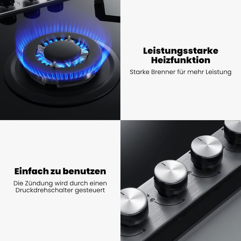GASLAND GH6805BG1FC 5 égős beépíthető gázfőzőlap wok égővel, 76 cm fekete üveg, 10400W