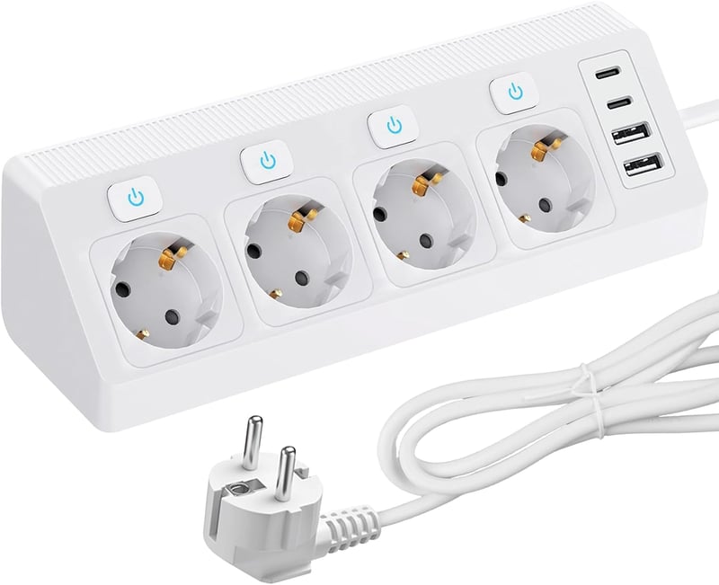 GBKDQQ sarokkonnektor 4 aljzat + 2 USB + 2 USB-C, kapcsolóval, túlfeszültségvédő, 2 m kábel - fehér