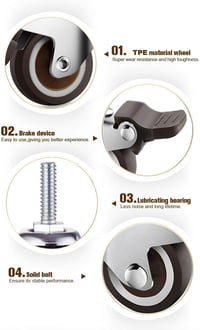 GBL Bútor Görgő Kerék Szett 4db Fékkel - M10 50mm 200kg Teherbírás - Csendes Gumírozott Forgókerék Bútorokhoz Ezüst 2