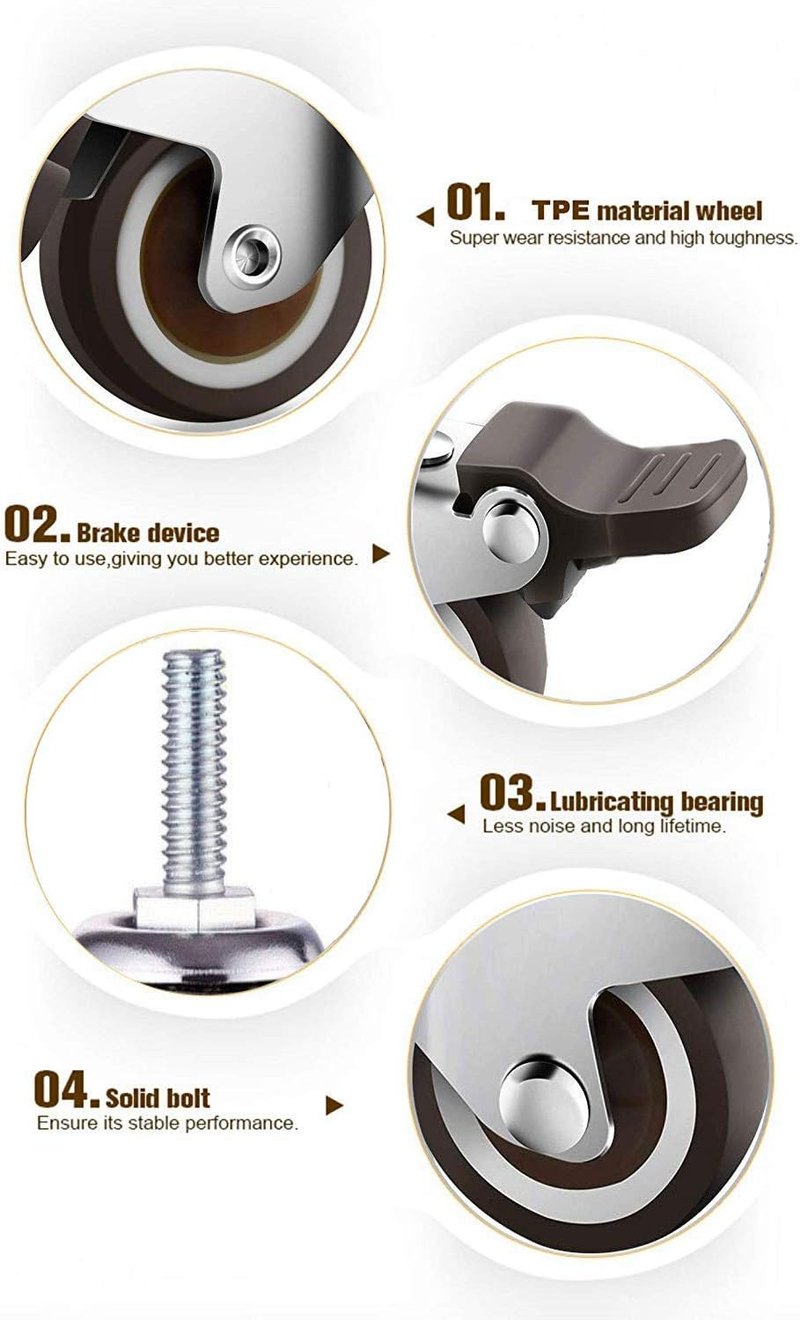 GBL Bútor Görgő Kerék Szett 4db Fékkel - M10 50mm 200kg Teherbírás - Csendes Gumírozott Forgókerék Bútorokhoz Ezüst