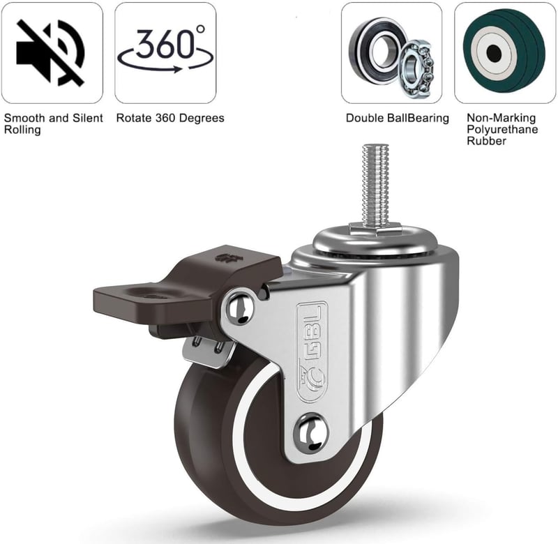 GBL Bútor Görgő Kerék Szett 4db Fékkel - M10 50mm 200kg Teherbírás - Csendes Gumírozott Forgókerék Bútorokhoz Ezüst