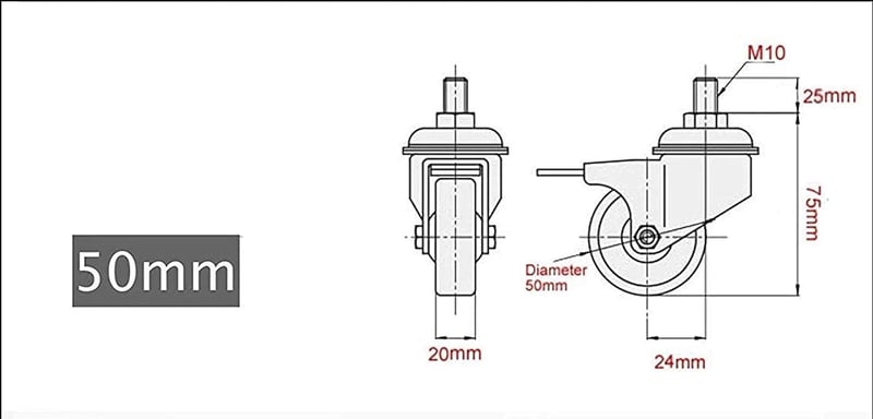 GBL Bútor Görgő Kerék Szett 4db Fékkel - M10 50mm 200kg Teherbírás - Csendes Gumírozott Forgókerék Bútorokhoz Ezüst