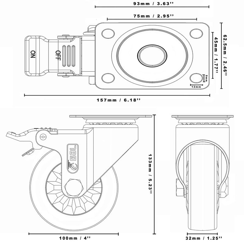 GBL Erős Fékes Forgó Görgő 100mm 600kg Piros Gumi Bútor Kocsi Asztal