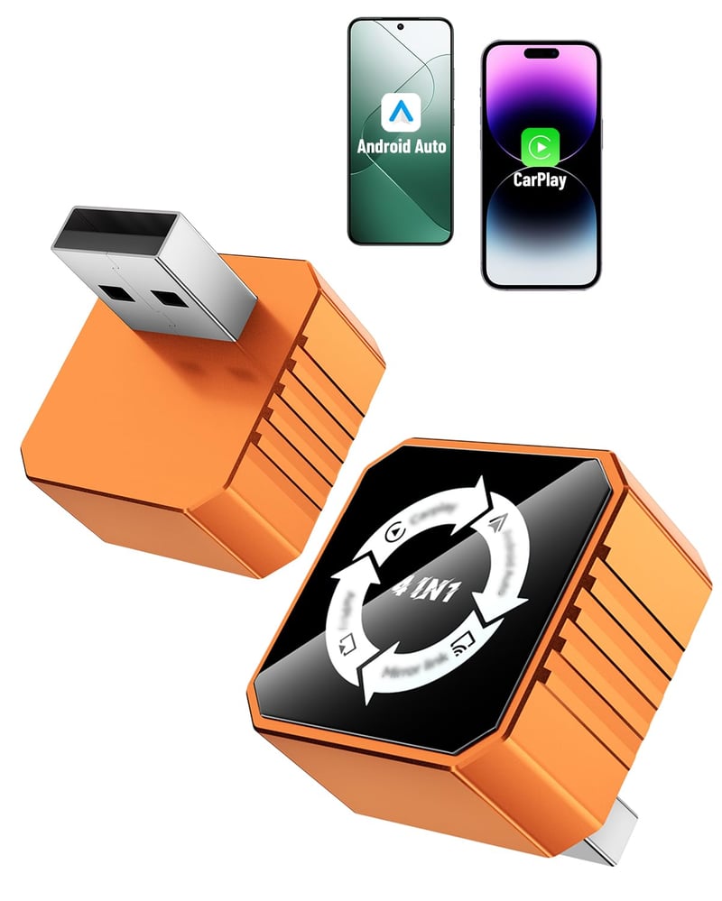 GCNWW 4 v 1 bezdrôtový adaptér pre CarPlay a Android Auto, zrkadlenie AirPlay a MirrorLink, 5,8 GHz, Plug and Play, oranžová