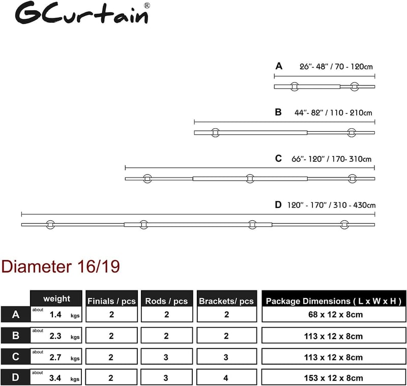 Gcurtain Fém Függönyrúd Szett, 16-19 mm Átmérőjű, 110-210 cm Állítható, Nagy Teherbírású, Dekoratív Végekkel - Csiszolt Felület, Egyszerű Sz