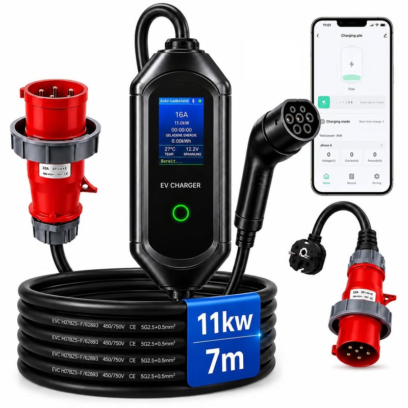GDON Technology Mobil Wallbox 11 kW Applikációval, Type 2 Töltőállomás 7 m Kábellel, Elektromos Autó Töltő