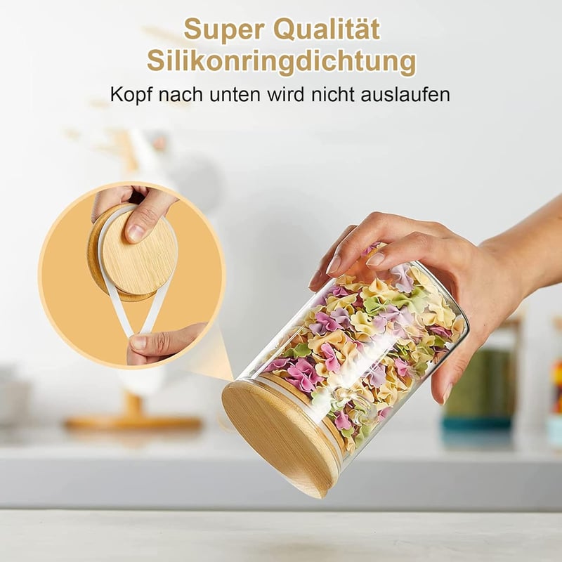GDWD Üveg Tárolóedény Bambusz Fedővel és Kanállal 450ml Légmentes